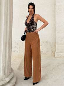 SHEIN Tall 女式休闲纯色直筒灯芯绒裤 - 棕色 - 查看 6