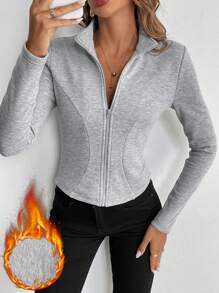 SHEIN Privé Chaqueta deportiva casual con estilo, de cuello alto, cremallera y manga larga ajustada para mujer