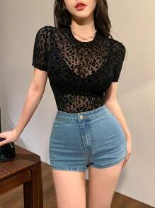 Joudiya Leopard Floral Print Mesh Short Sleeve Women Top Going Out Tops Summer Sheer,Crop Tops Women - Black - View 3