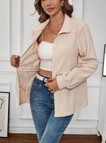 SHEIN Clasi 女士腰带抽绳毛绒拉链连帽开衫 - 杏色 - 查看 6