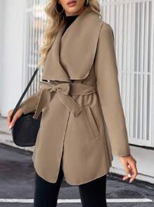 SHEIN LUNE Damen einfarbiger, gegürteter, gewickelter, vordertaschen Lange Ärmel Mantel - Khaki - Übersicht 7