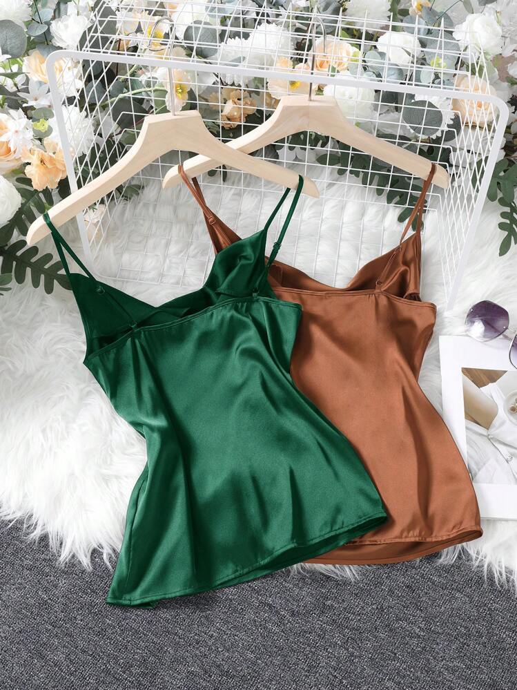 SHEIN Clasi Two-Piece Set Women's Plain Draped-Neck Swing Cami Top