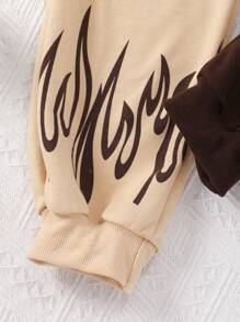 SHEIN 3pcs/Set Girls' Letter Print Long Sleeve Top & Sleeveless Vest Sports Casual Set For Autumn/Winter - Khaki - View 5