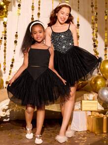 SHEIN Leap Crew Teen Girl's Black Rhinestone & Beaded Mesh Contrast Elegant Ruffle Short Party Dress - Black - View 4