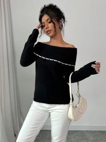 SHEIN Unity 女士露肩荷叶边下摆优雅毛衣，针织套头衫，秋冬款，1件 - 黑與白 - 查看 3