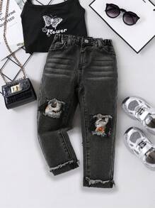 SHEIN Young Girl' Y2K Halloween Graphic Patchwork Black Denim Wide Leg Pants,Girl Fall And Winter Clothes,Street Wear Denim Jeans - Dark Grey - View 5