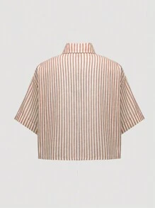 Flirla 女士时尚宽松休闲条纹半袖卷边衬衫，亚麻面料女式衬衫 - 棕色 - 查看 2
