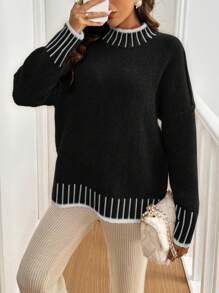 SHEIN Frenchy Women Crew Neck Loose Casual Oversize Contrast Color Sweater In Fall/Winter Black - Black - View 4
