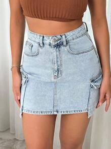 Summer Casual High Waisted Cargo Pocket Denim Skirt - Medium Wash - View 6