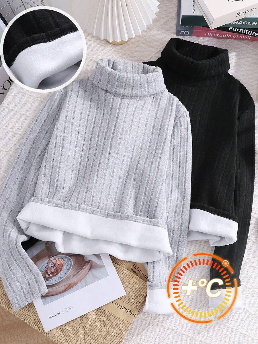 SHEIN Leap Crew Teen Girls 3-Pack Ribbed Knit Fitted All-Match Layering Tops/T-Shirts, Black & Grey - Multicolor - View 1