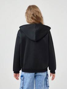 SHEIN Tween Girls' Black Letter Print Zip-Up Hoodie Sweatshirt In Fall/Winter