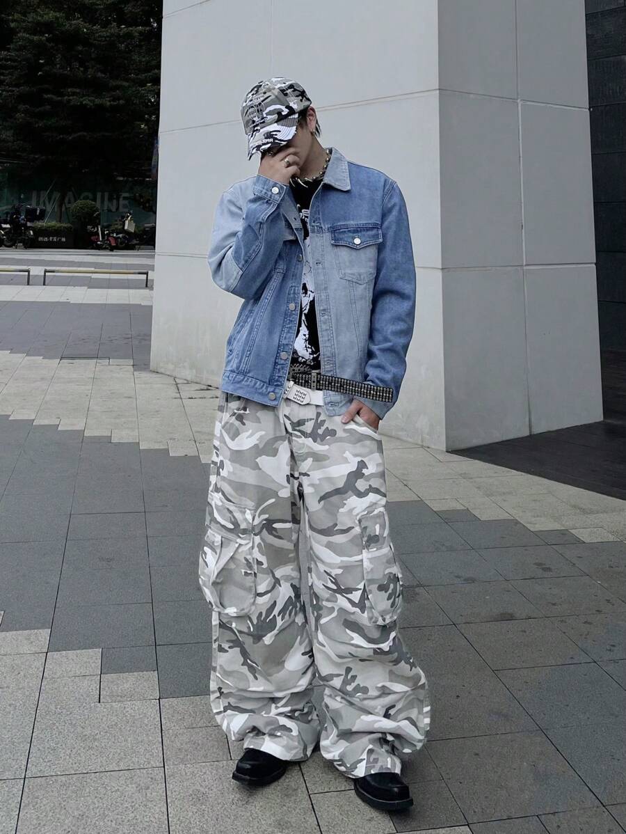 Manfinity EMRG 男式街头风格撞色单排扣口袋牛仔夹克 - 藍色 - 查看 1