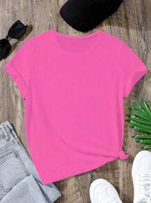 Camiseta de manga corta y cuello redondo con estampado de cara sonriente informal para niñas preadolescentes en verano