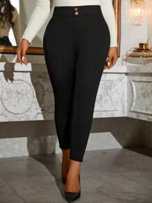 SHEIN LUNE Plus Size Women Solid Color Waist Button Design Skinny Casual Fleece Pants