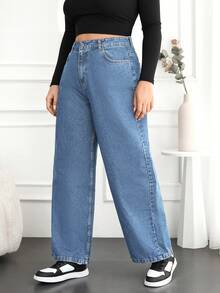 RueChic Plus Size  High Waist Wide Leg Jeans - Blue - View 5