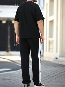 Manfinity CasualCool 2pcs Men Summer Sports Casual Contrast Color Letter Print Short Sleeve T-Shirt And Pants Set - Black and White - View 2