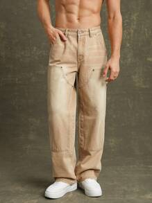 Men Premium Cotton Denim Straight Leg Utility Jeans - Camel - View 7