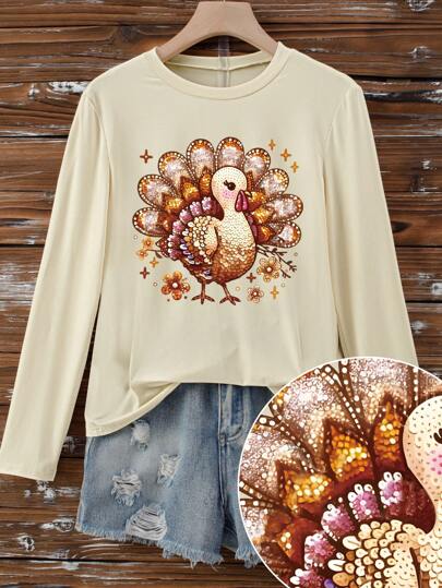 INAWLY חולצת טי עם צווארון עגול ונצנצים עם הדפס פאייטים לנשים, חולצות טי קז'ואל עם שרוולים ארוכים, עם צווארון עגול וחגורה, לאביב ולסתיו