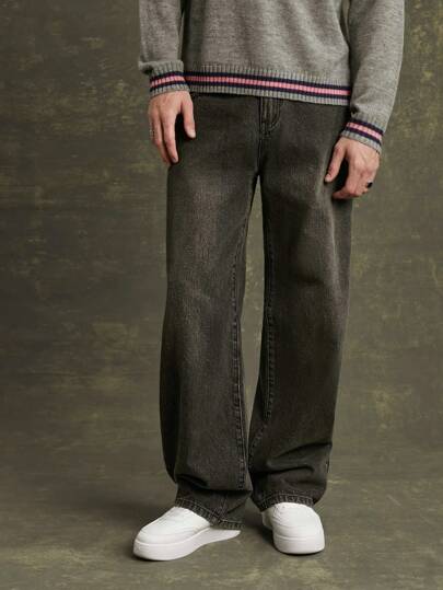 Men Premium 91% Cotton Denim Baggy Wide Leg Utility Jeans