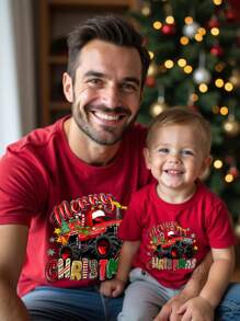 SHEIN Camiseta de manga corta informal para hombre con estampado de leopardo, gorra de Papá Noel y eslogan gráfico de Navidad