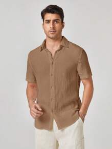 Manfinity VCAY 男士梭织休闲短袖正面纽扣纯色衬衫 - 棕色 - 查看 3