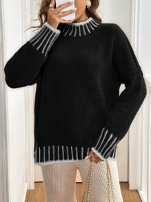 SHEIN Frenchy Women Crew Neck Loose Casual Oversize Contrast Color Sweater In Fall/Winter Black - Black - View 3