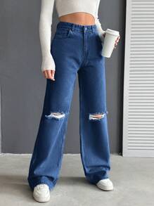 SHEIN Cottnline 女士磨損直筒牛仔褲 - 藏蓝色 - 查看 4
