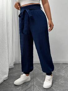 SHEIN Frenchy Pantalones holgados de talla grande para mujer de diseño con lazo en la cintura, de moda informal y transpirables, en azul marino/azul zafiro