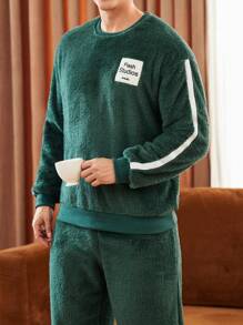 Men's Round Neck Patch Side Stripe Print Long Sleeve Top And Pants Loungewear Set - Dark Green - View 5