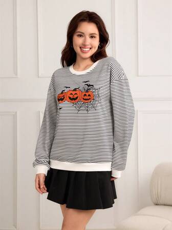 Sweat-shirt simple à rayures et motif de citrouille, Halloween pour filles adolescentes