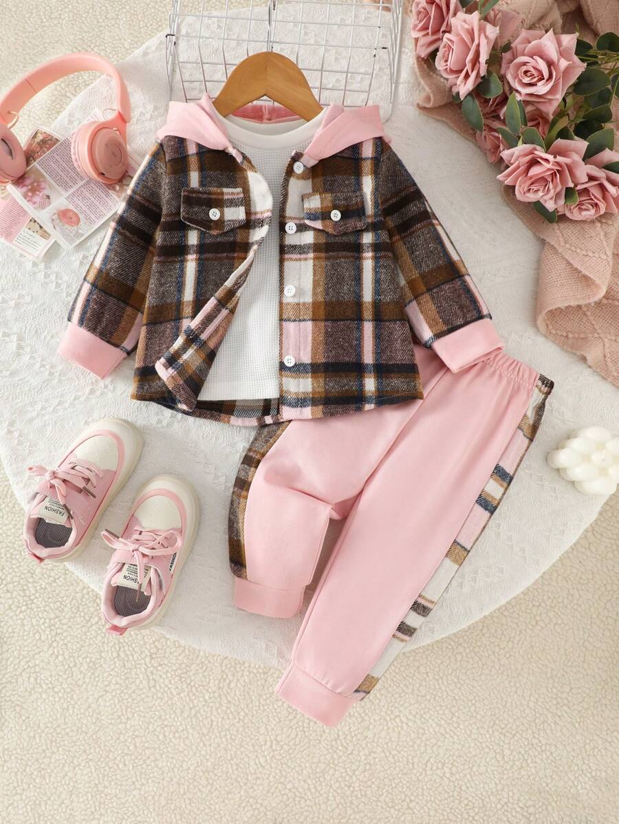 女婴休闲彩色拼布连帽衫和裤子 2 件套服装，秋冬 - 粉色 - 查看 1