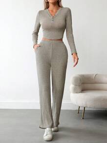 Chiquease 2pcs Women's Solid Color Long Sleeve Simple Casual Knit Top And Pants Set