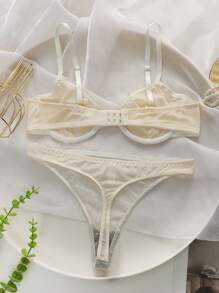 Set de 2 piezas de sujetador con encaje y ribete de alambre, lencería - Beis - Ver 2