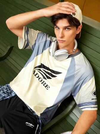 Sport MetroGents T-shirt de sport à manches courtes col en V de style petit ami, imprimé avec lettre bicolore, été