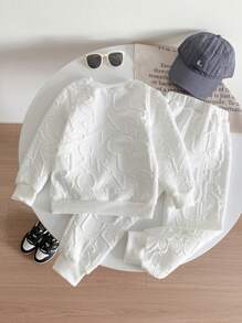 SHEIN Explorewe Young Girl Letter Patched Detail Sweatshirt & Sweatpants - White - View 2