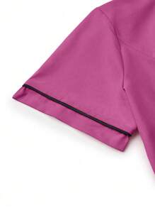 SHEIN TaskFit 2pcs Contrast Trim Casual Short Sleeve Top And Solid Color Pants Uniform Set, Scrub Sets - Hot Pink - View 4