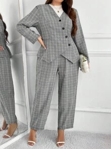 SHEIN Frenchy Plus Size Women Plaid Print Fitted Blazer Suit, Fashion Casual Business Work Daily Outgoing Party Essential Suit Set - Multicolor - View 4