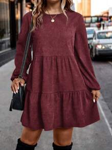 EMERY ROSE 大码休闲纯色灯笼袖罩衫连衣裙酒红色女装 - 酒紅色 - 查看 1