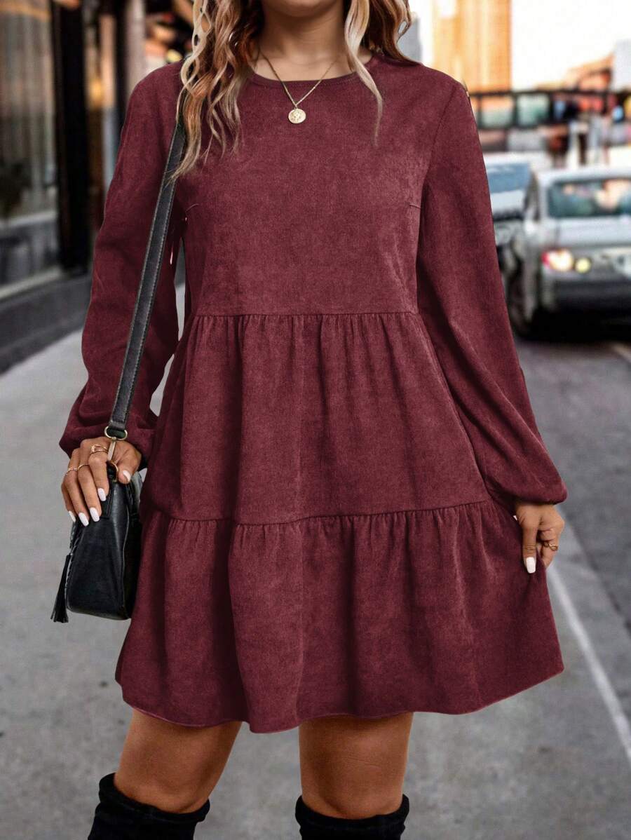 EMERY ROSE 大码休闲纯色灯笼袖罩衫连衣裙酒红色女装 - 酒紅色 - 查看 1