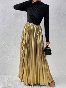 Chiquease 2pcs/Set Women's Elegant Solid Color Ruched Slim Fit Long Sleeve Top And Extra Long Metallic Ruched Skirt Suit For Autumn Fall Cloth For Women - Multicolor - View 6