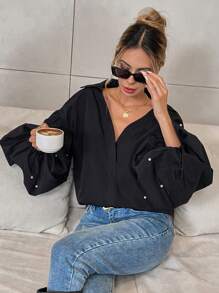 Firerie 1 chiếc áo cánh tay bồng màu trơn cho nữ cài nút phía trước có hạt cườm xếp nếp - màu đen - Xem 6