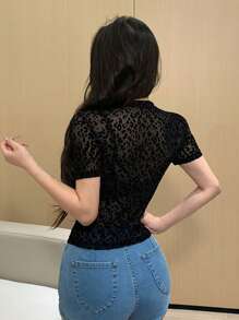 Joudiya Leopard Floral Print Mesh Short Sleeve Women Top Going Out Tops Summer Sheer,Crop Tops Women - Black - View 5