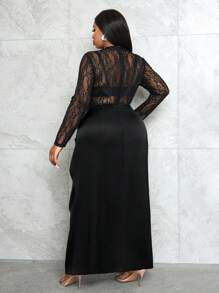 Slaydiva 2pcs/Set Plus Sexy Party Slim Fit Long Sleeve Lace Jumpsuit + Satin Split Hem Skirt, Autumn/Winter