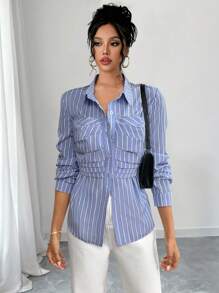 Chiquease 女式蓝白条纹褶饰装饰腰衬衫，秋冬