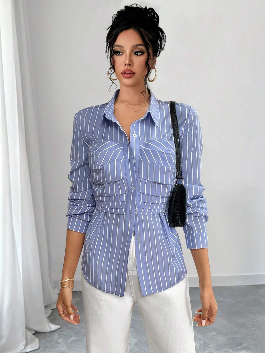 Chiquease 女式蓝白条纹褶饰装饰腰衬衫，秋冬