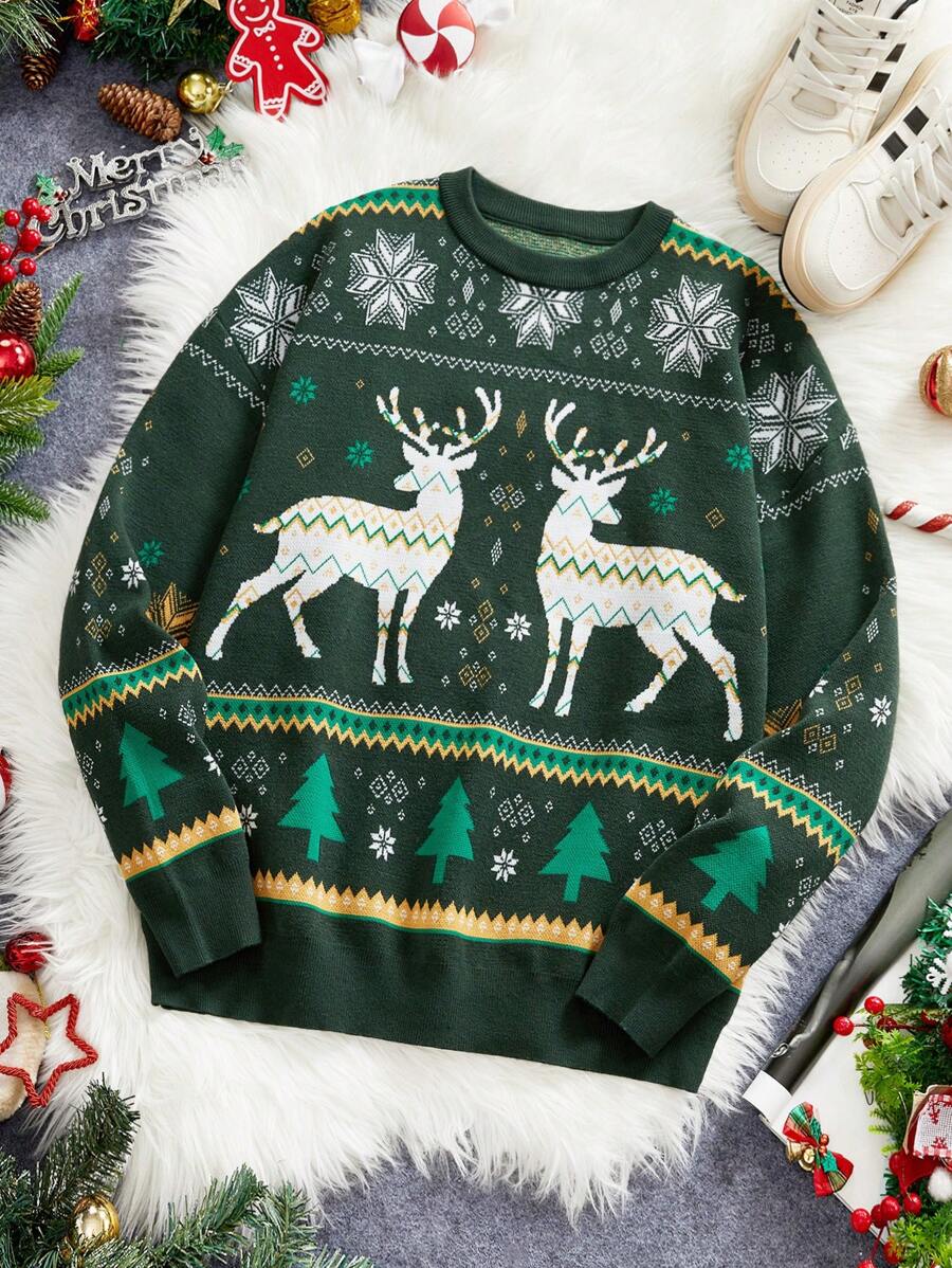 Manfinity Homme Sweater Rajut Lengan Panjang Tebal Motif Rusa Geometris Lucu Warna-warni Kasual Pria untuk Natal, Musim Gugur/Musim Dingin, Liburan - Hijau - View 1