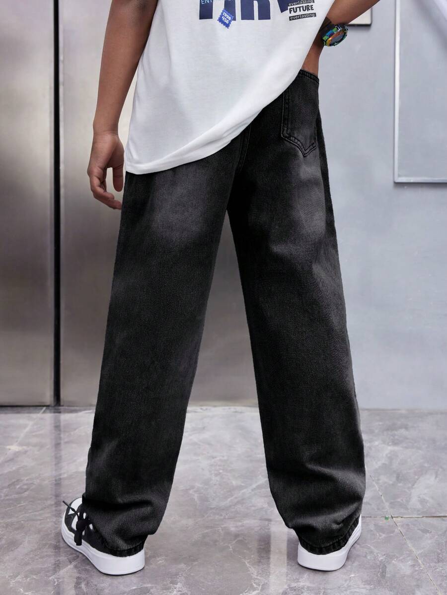 SHEIN Tween Boys' Stylish Casual Loose Straight Leg Vintage Washed