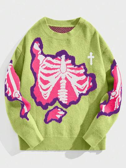 Street Life Men's Crew Neck Long Sleeve Skeleton Pattern Casual Pullover Sweater, Halloween, For Fall Winter, Grunge Style