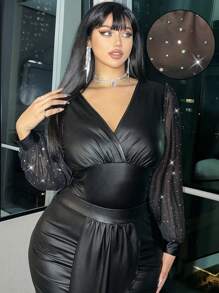 Allurite Plus Size V-Neck Ruched Mesh Sequins Lantern Sleeve Sexy Sheer Bodysuit For Party