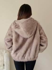 SHEIN ICON Áo khoác lông xù rộng thùng thình có tay áo Dolman hở phía trước, khóa kéo - Màu Khaki - Xem 2